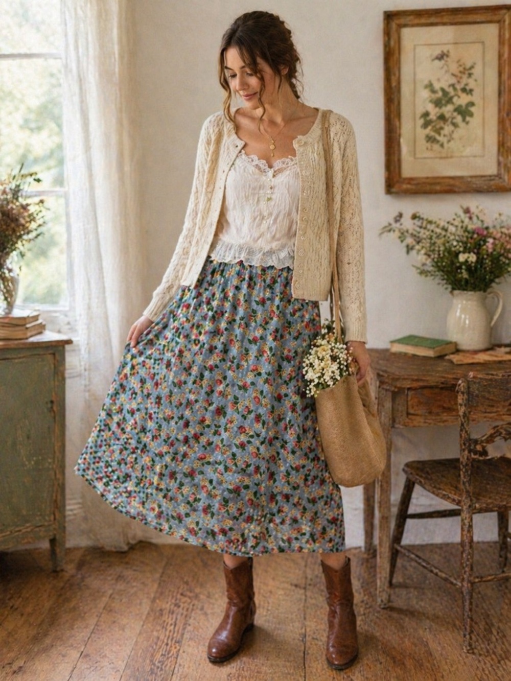 April Cornell Blue Floral Cottagecore Midi Maxi Skirt Size M Vintage-Inspired